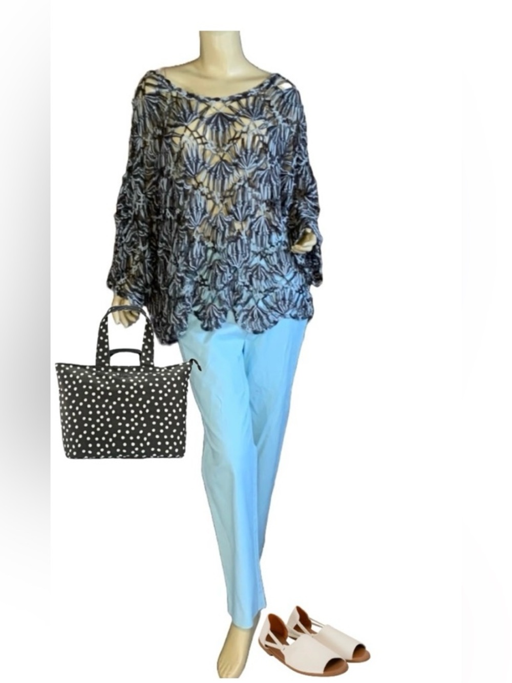 LISA INTERNATIONAL GRAYS AND LIGHT BLUES CROCHET SHEER TUNIC (1X)